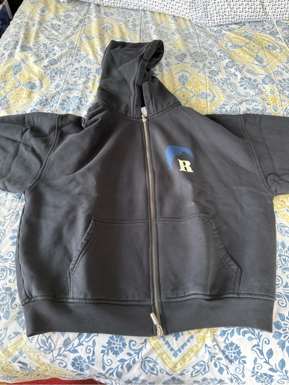 Rhude Black Men’s Zip-Up Hoodie with Blue and Cream Logo